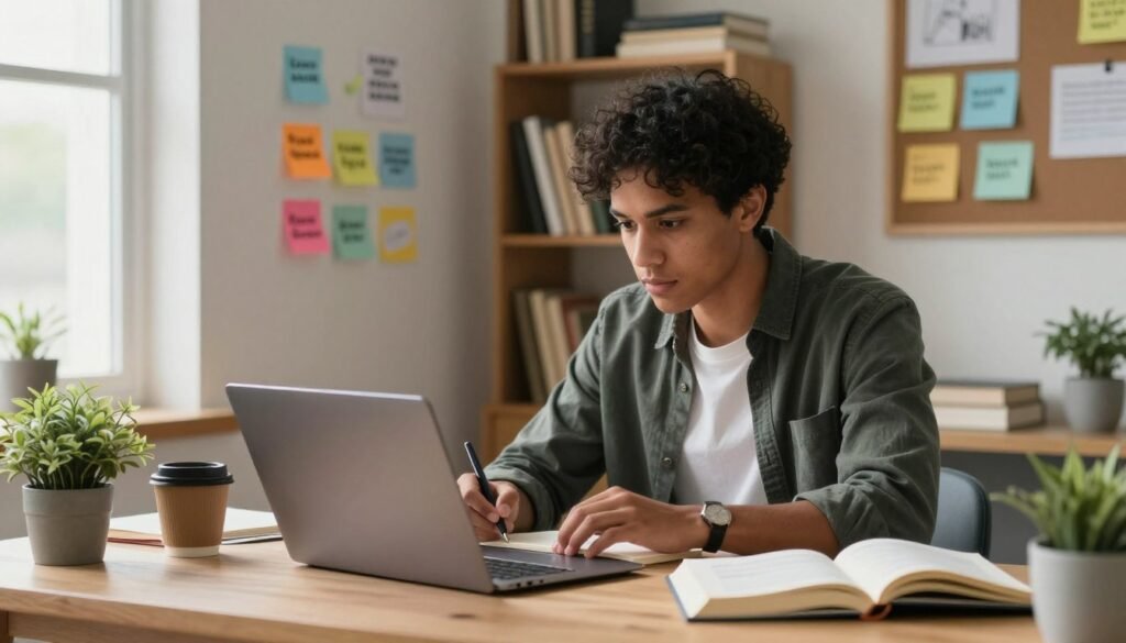 A cozy home office setting featuring a single, diverse person in professional attire, focused on a laptop. The individual, a young adult with a determined expression, is taking notes on a notepad, surrounded by motivational quotes and colorful sticky notes on the wall. Soft, natural light filters in through a window, creating a warm ambiance. A desk cluttered with a coffee cup, a plant, and open reference books adds to the personal touch. The background features shelves filled with books and a corkboard displaying ideas, enhancing the atmosphere of productivity and learning. The scene captures the essence of acquiring new skills for remote work, showcasing hope and determination. A focused individual taking notes while working on a laptop in a cozy home office, practicing written communication, organization, and self‑directed learning for remote‑work skills.