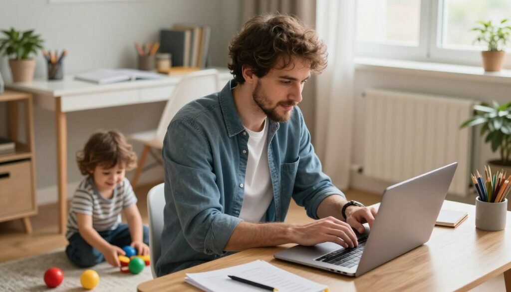 A cozy home office setting featuring a stay-at-home dad, dressed in smart casual attire, diligently working on a laptop. He has a focused expression as he interacts with the digital interface. Nearby, his young child, with a playful smile, is engaged with colorful toys on the floor, adding a warm and familial atmosphere. In the background, there’s a well-organized desk with stationery, a potted plant, and a soft window glow that bathes the room in natural light. The scene captures a harmonious blend of professional productivity and family life, emphasizing the role of virtual assistance in a home environment. The angle is slightly elevated, showcasing the parent-child interaction while highlighting the home office's inviting ambiance. A stay‑at‑home dad managing client emails on his laptop while his young child plays with toys on the floor in a bright, cozy home office.