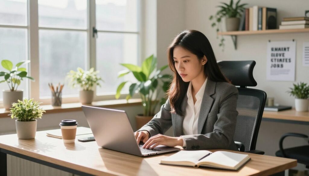 A young woman in a bright home office reviewing urgent remote job openings on her laptop at a light wooden desk.