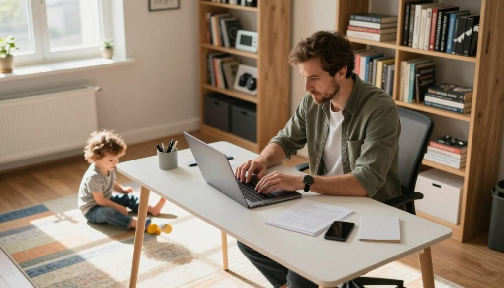 A cozy home office setting with a stay-at-home dad focused on his work as a web developer. He is seated at a modern desk, wearing smart casual attire, with a laptop open in front of him. A toddler is playing on a colorful rug nearby, adding a warm and familial touch to the scene. The room is well-lit with soft, natural light streaming through a window, casting gentle shadows. In the background, bookshelves filled with technology and programming books create an atmosphere of learning and growth. The mood is productive yet relaxed, showcasing a balance between professional ambition and family life. The camera angle is slightly elevated, capturing both the dad's concentration on his laptop and the cheerful interaction with his child. A stay‑at‑home dad coding a website on his laptop while his toddler plays on a colorful rug in a bright, cozy home office.