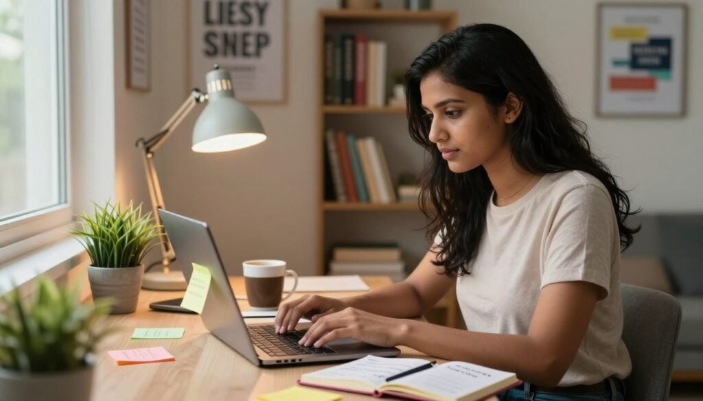 A diverse individual, a young South Asian woman, seated in a cozy home office environment, working attentively on a sleek laptop. The foreground features her focused expression as she types, surrounded by colorful sticky notes and an open notebook filled with handwritten notes, indicating her commitment to learning new job skills. In the middle, a well-organized desk showcases a potted plant, a coffee mug, and a modern desk lamp that casts a warm, inviting glow. The background reveals a softly lit, tidy room with motivational posters and a bookshelf filled with professional development books. Natural light filters in through a nearby window, creating a productive and inspiring atmosphere that reflects determination and ambition in her remote job search. A focused individual typing on a laptop in a cozy home office, surrounded by sticky notes and handwritten notes while practicing remote‑work skills.