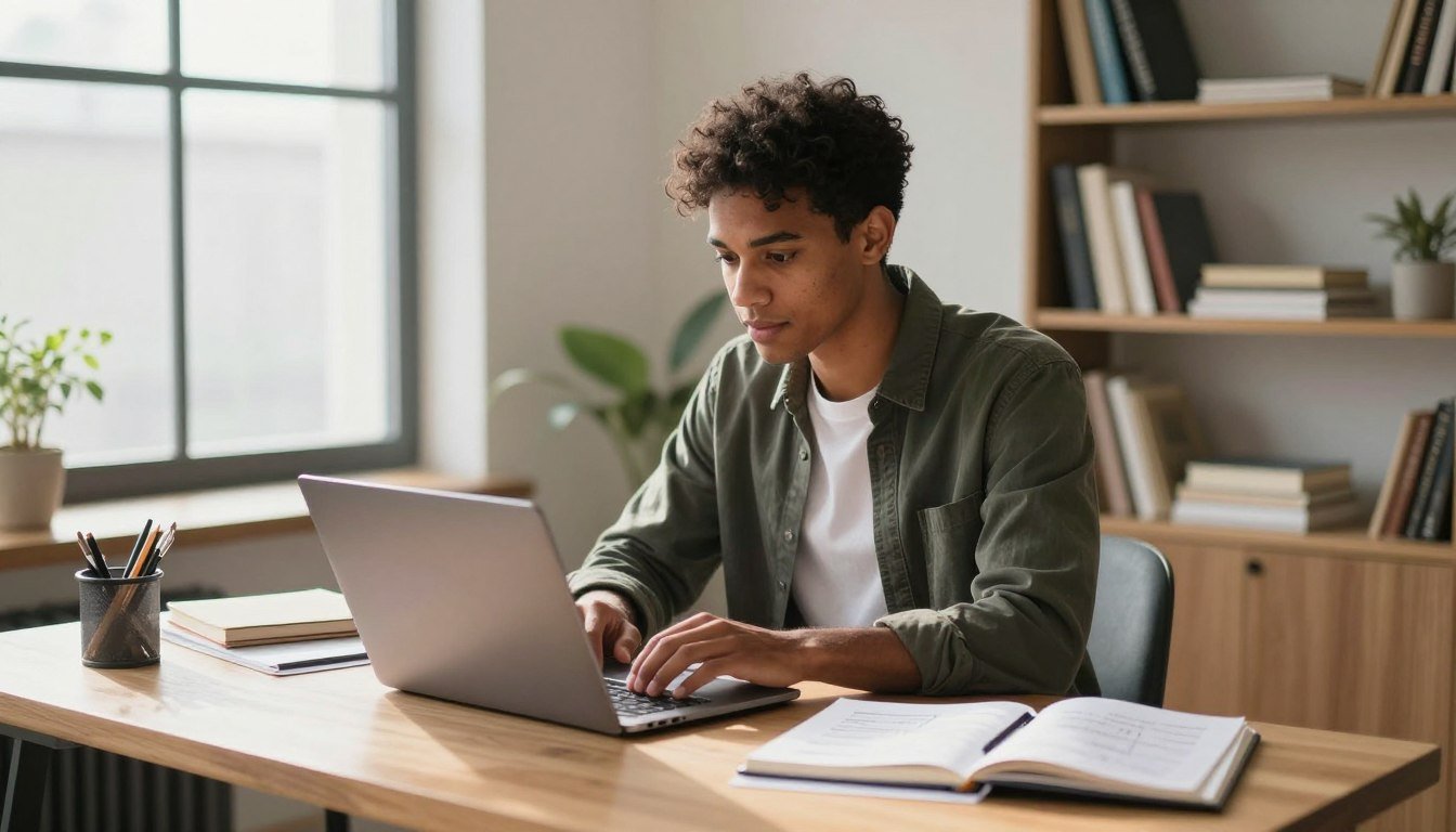 A focused individual working on a laptop at a stylish home office desk, surrounded by notes and professional development books in a bright, naturally lit workspace.
