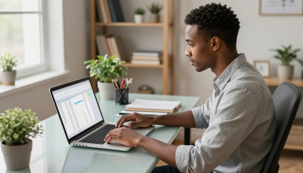 A focused individual working on a laptop in a tidy home office, with spreadsheets and data entry forms visible on the screen.