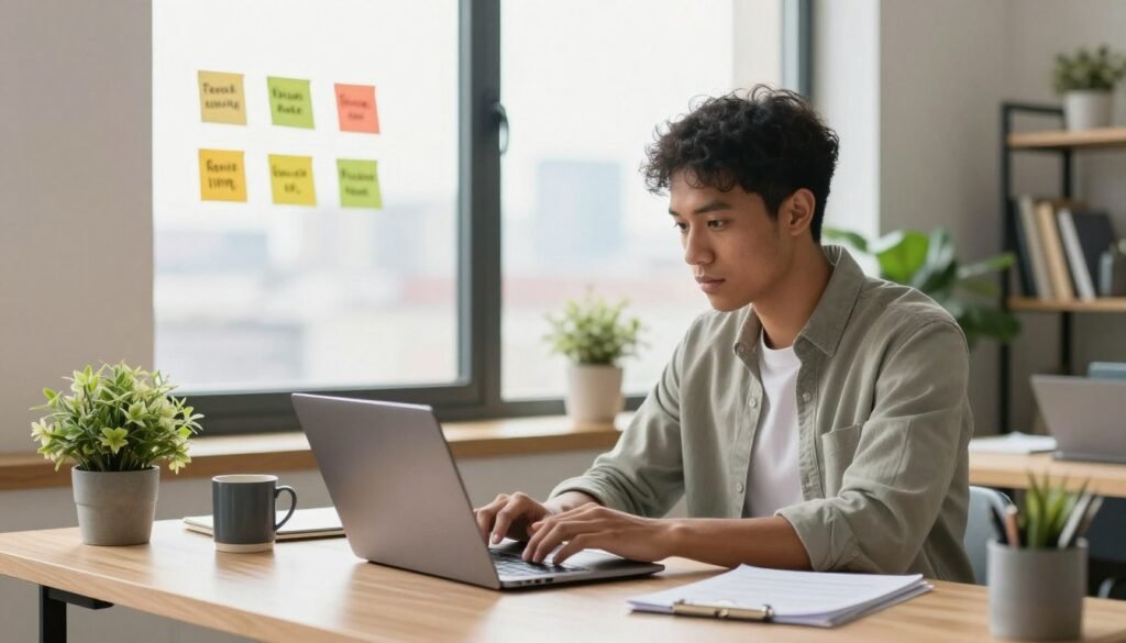 A professional working at a stylish home office desk, updating a job‑application tracker on a laptop to speed up the hiring process.