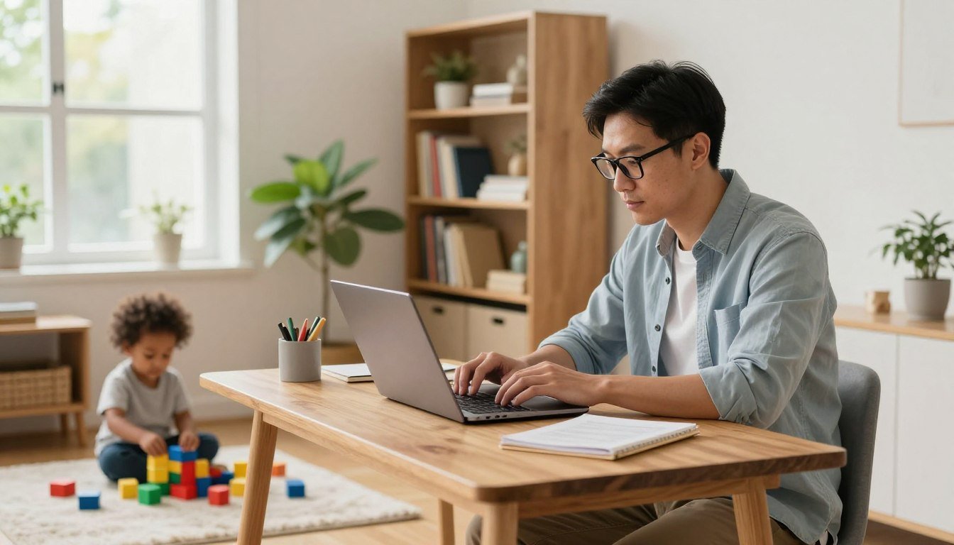 A stay‑at‑home dad working on a laptop at a wooden desk while his toddler plays with building blocks on a rug in a bright, cozy home office.