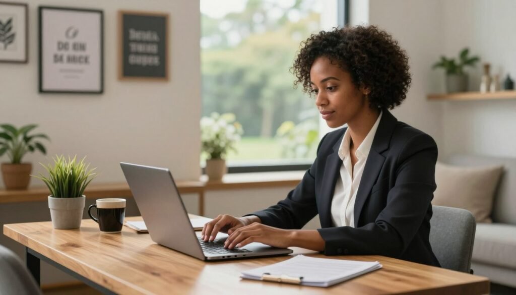A professional in business attire typing on a laptop at a wooden desk in a cozy home office, with motivational wall art, a potted plant, and warm natural light from a window overlooking a garden.
