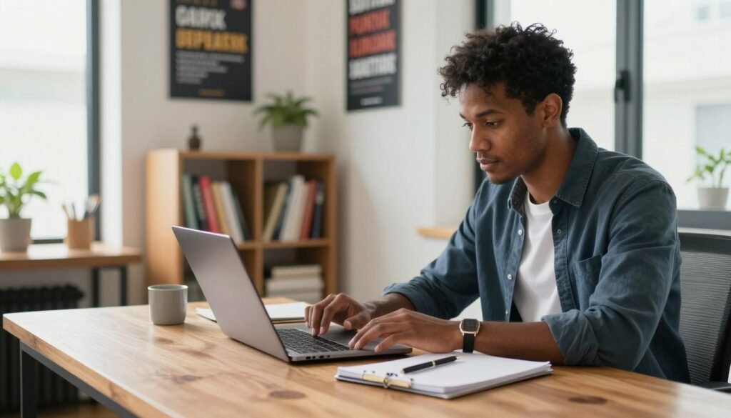 A modern home office scene featuring a single diverse individual working intently on a laptop. The foreground shows the person sitting at a sleek wooden desk, with a notepad and pen in front of them, actively taking notes. The individual is dressed in smart casual attire, exuding professionalism. In the middle ground, a bookshelf filled with colorful books and business resources is visible, alongside motivational posters on the wall. The background features a window allowing natural light to flood the room, enhancing the bright and inviting atmosphere. The overall mood is focused and productive, with warm lighting creating a sense of encouragement and growth. The perspective is slightly angled from the side, capturing both the individual’s engagement with their work and the organized workspace around them. A modern home office scene featuring a single diverse individual working intently on a laptop. The foreground shows the person sitting at a sleek wooden desk, with a notepad and pen in front of them, actively taking notes. The individual is dressed in smart casual attire, exuding professionalism. In the middle ground, a bookshelf filled with colorful books and business resources is visible, alongside motivational posters on the wall. The background features a window allowing natural light to flood the room, enhancing the bright and inviting atmosphere. The overall mood is focused and productive, with warm lighting creating a sense of encouragement and growth. The perspective is slightly angled from the side, capturing both the individual’s engagement with their work and the organized workspace around them.