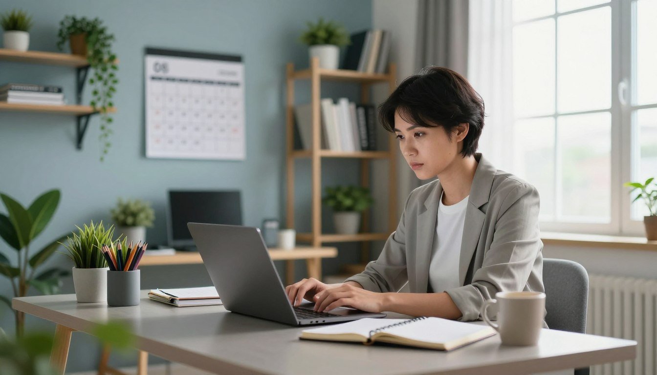 A focused professional working at a home office desk, reviewing emails and updating a shared calendar on a laptop, with notebooks and a coffee mug nearby in a bright, organized workspace.