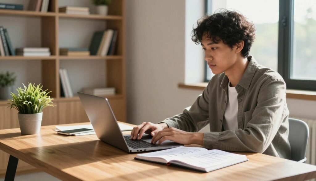 A professional wearing business casual attire types on a laptop at a wooden desk while reviewing resume notes in an open notebook, surrounded by organized stationery, a plant, and soft natural light in a modern home office.