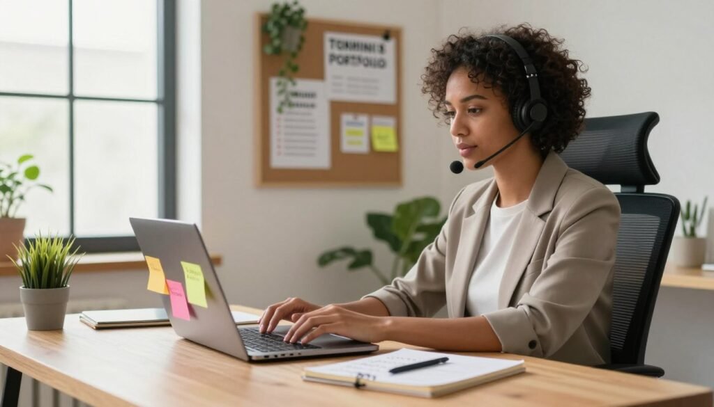 A virtual assistant wearing a headset types on a laptop at a wooden desk while creating a portfolio schedule, surrounded by colorful sticky notes, a notebook, and soft natural light in a cozy home office.