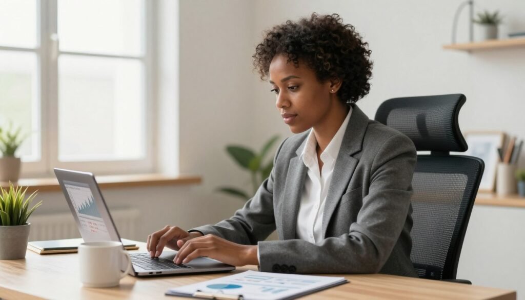 A professional seated at a modern home office desk reviewing financial charts and pay‑rate graphs on a laptop, with stationery, a coffee mug, and a small plant arranged neatly in a bright, minimalist workspace.