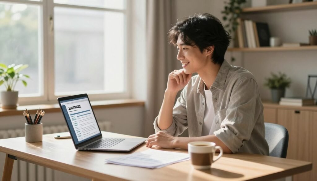 A single individual sitting at a modern desk in a cozy home office, framed by warm, natural light streaming in from a nearby window. The person, dressed in professional casual attire, has a hopeful expression as they look thoughtfully at a laptop screen filled with job application documents. On the desk, there are papers and a cup of coffee, creating a lived-in but organized atmosphere. The background features subtle elements of home décor, such as plants or bookshelves, contributing to a sense of comfort and ambition. The overall mood is optimistic and focused, emphasizing the theme of overcoming challenges and seeking opportunities. A person drafting interview answers in a bright home office with a laptop, notepad, and warm natural light.