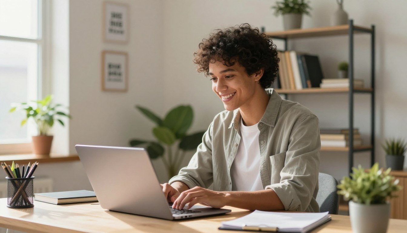 A person reading EEOC guidance on individualized assessment at a laptop in a bright home office.