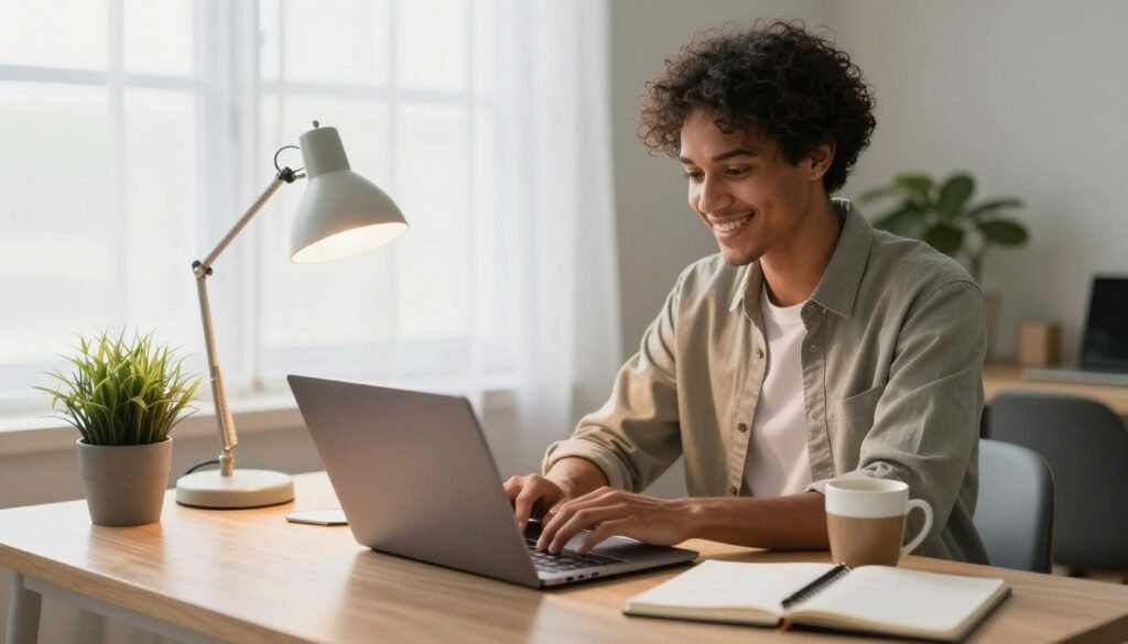 A single person of diverse descent working at a home office, displaying a hopeful expression as they engage with their laptop. The individual wears professional casual attire, reflecting confidence and determination. In the foreground, a neatly arranged workspace features a notepad, a cup of coffee, and a potted plant, symbolizing a positive and supportive environment. In the middle, a softly glowing desk lamp adds warmth, enhancing the inviting atmosphere. The background shows a sunny window with sheer curtains, allowing warm, natural light to fill the room, creating a sense of optimism and opportunity. Capture the scene from a slightly elevated angle to convey a sense of belonging and purpose in the remote work environment, emphasizing the concept of second-chance hiring. A person researching companies with second‑chance hiring policies on a laptop in a well‑lit home office.