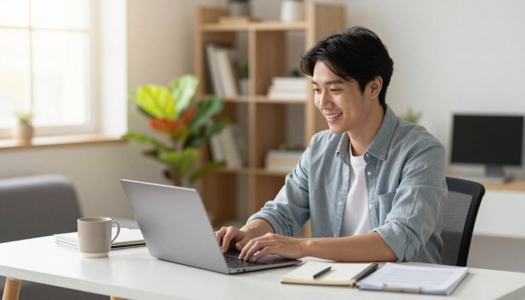 A single person seated at a modern desk in a well-lit home office, wearing professional casual attire with a hopeful expression. The foreground showcases a neatly organized workspace with a laptop, a notepad, and a coffee mug. In the middle ground, a brightly colored plant adds a touch of nature. The background features a soft-focus bookshelf filled with books and decorative items, emphasizing a cozy yet professional atmosphere. Natural warm light filters through a window, creating a welcoming glow in the room. The angle is slightly tilted from above, capturing the individual engaged in their work while conveying a sense of positivity and opportunity. A person researching their state’s Ban‑the‑Box and Fair Chance hiring laws on a laptop in a home office.