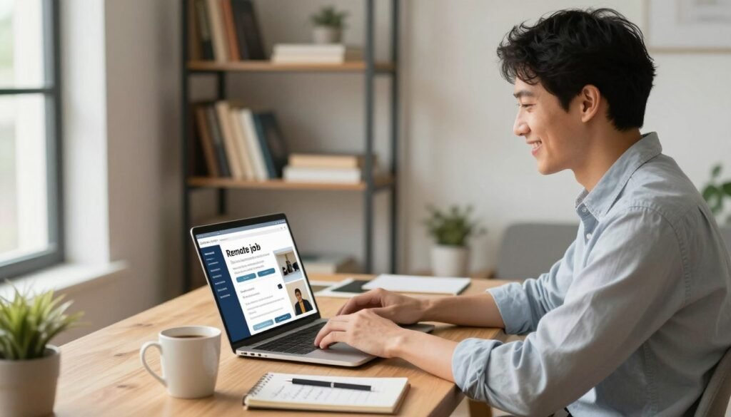 A single person sitting at a stylish home office desk, surrounded by a cozy and inviting workspace. The individual, dressed in professional casual attire, has a hopeful expression as they browse a laptop displaying various remote job listings. In the foreground, a coffee mug and a notepad with handwritten notes about job applications emphasize preparation and determination. The middle ground features a bookshelf filled with career-related books and resources, symbolizing knowledge and support. The background showcases a window with soft, warm, natural light streaming in, enhancing the positive atmosphere. The overall mood is one of optimism and professionalism, reflecting the search for legit remote job openings in a supportive environment. A person updating a resume on a laptop in a bright home office, focusing on skills and accomplishments.
