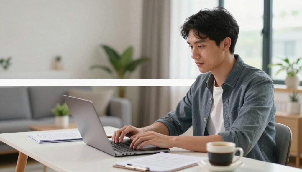 A man in smart‑casual attire types on a laptop at a modern home desk, reviewing disability‑related employment laws and remote‑work accommodation information in a bright, organized living space.