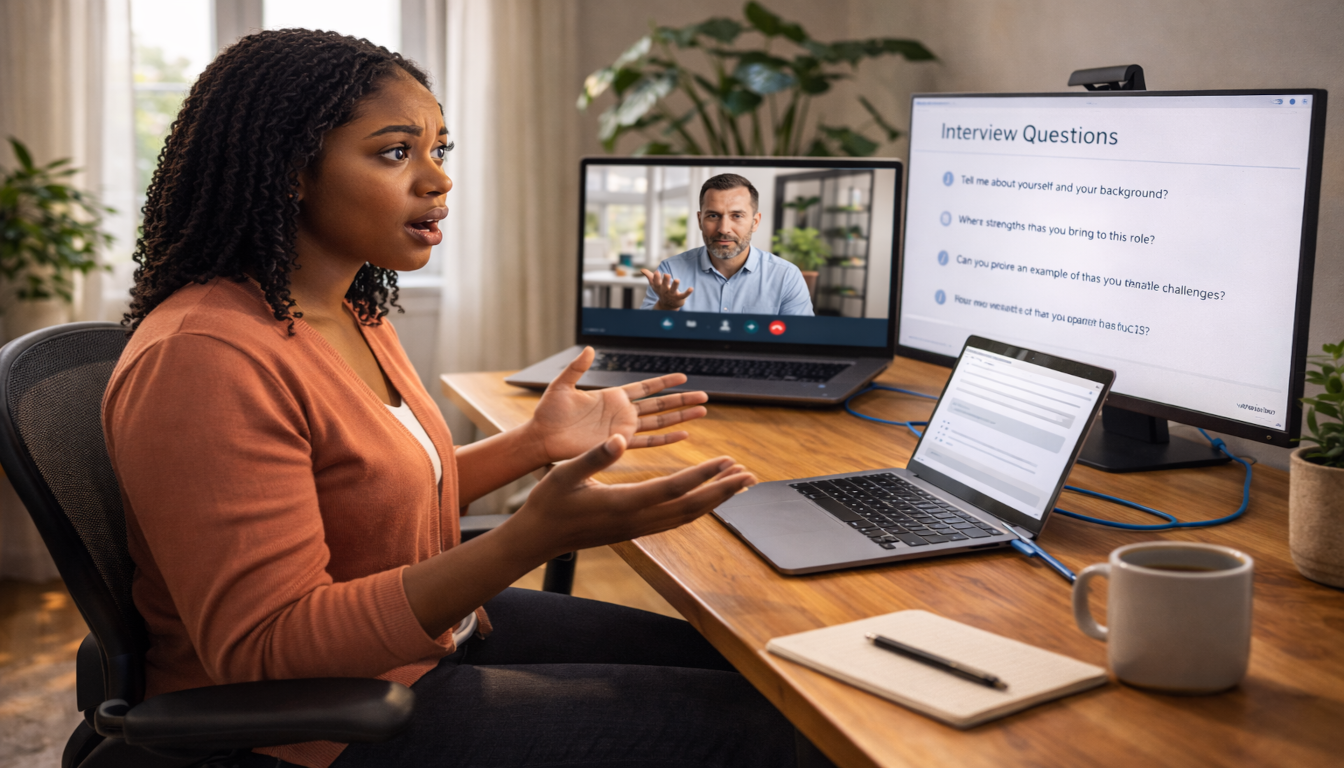Person looking surprised during video interview at home office with dual monitors, laptop showing interview questions, ethernet cable connected.