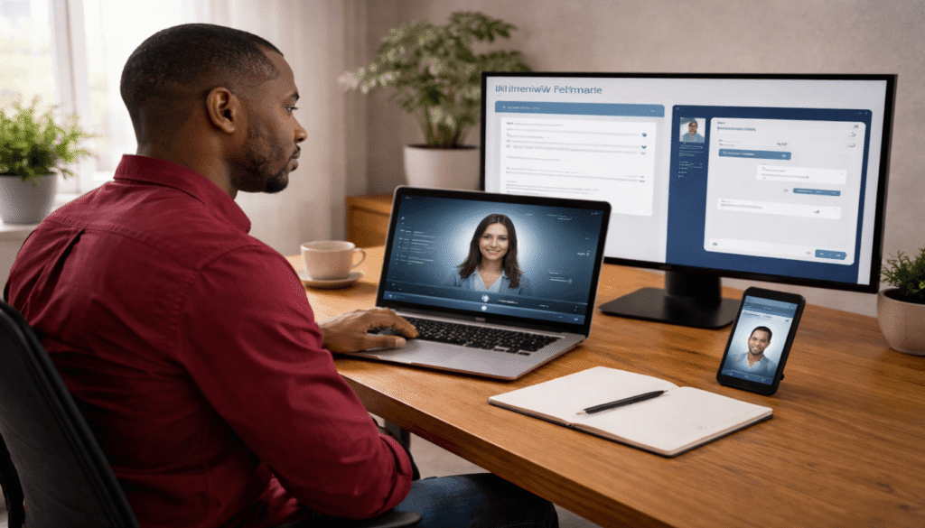 Man practicing different AI interview formats on laptop, monitor, and smartphone in a home office.