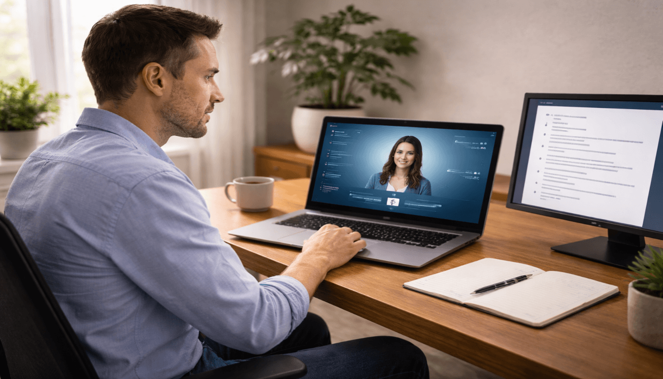 Man practicing for an AI-powered interview on a laptop in a home office with a second monitor displaying notes.