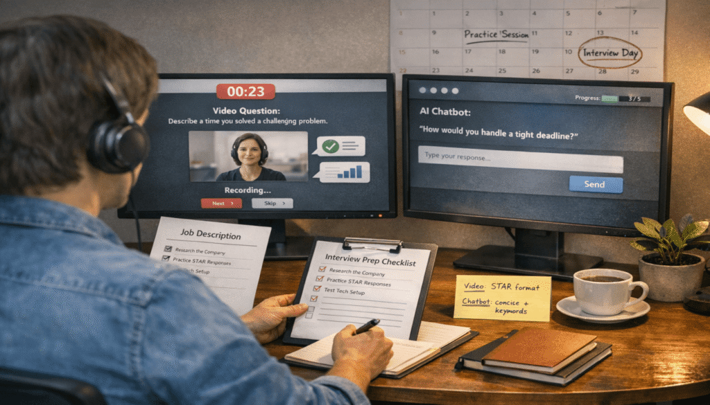 A person prepares for AI interviews using two screens — one showing a video interview interface, the other a chatbot prompt — with prep materials and a checklist on the desk.