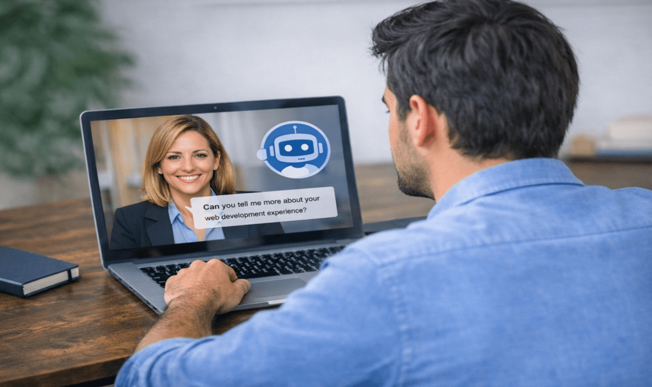 Professional man seated at a desk, viewing a conceptual AI‑assisted video interview on his laptop.