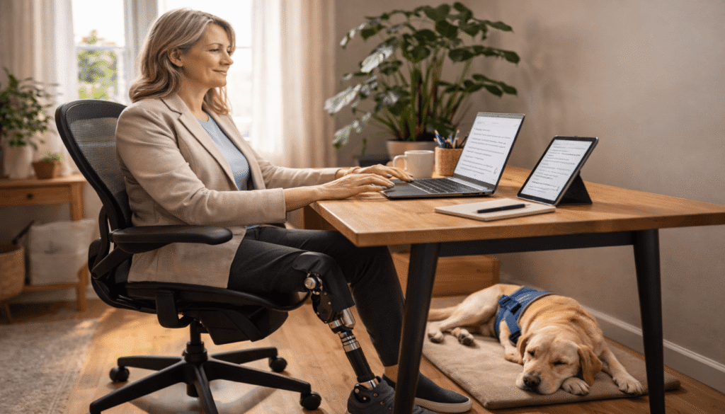 Woman with prosthetic leg working at home desk with service dog beside her, laptop and tablet, warm natural light, plants.
