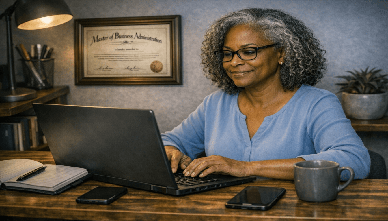 An older professional with grey hair works remotely at a laptop in a home office, with an MBA diploma framed on the wall.