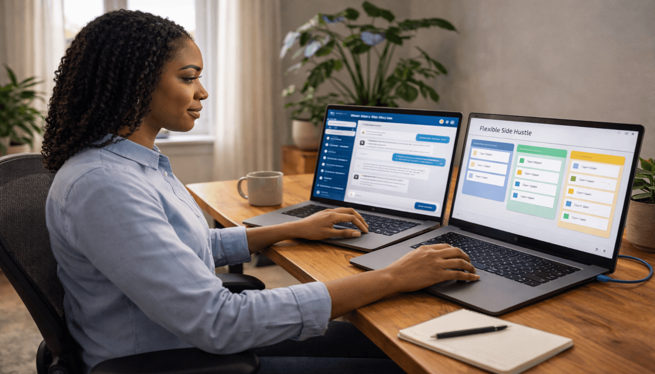Woman working from a home office using two laptops to manage a remote customer service job and a flexible side hustle.