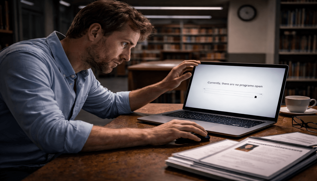 A person sitting in a library, staring at a laptop screen that reads "Currently, there are no programs open." A resume, teaching license, and diploma lie beside the laptop. The person's face shows quiet defeat after investing time in an application that led nowhere.