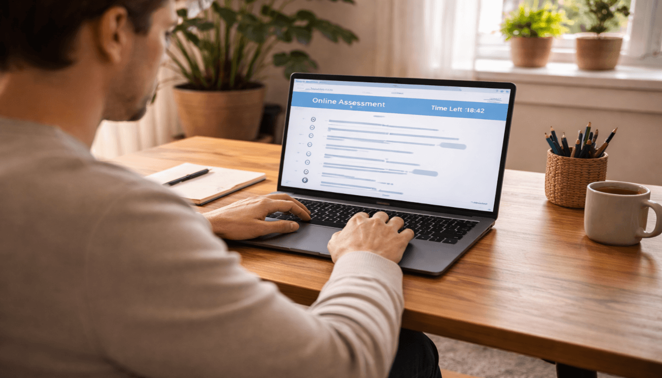 Focused person taking timed online assessment on laptop in home office, notebook and coffee nearby, warm natural light.