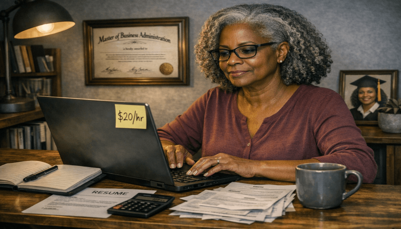 An older remote worker reviews bills and types on a laptop, with a sticky note reading "$20/hr" on the screen.