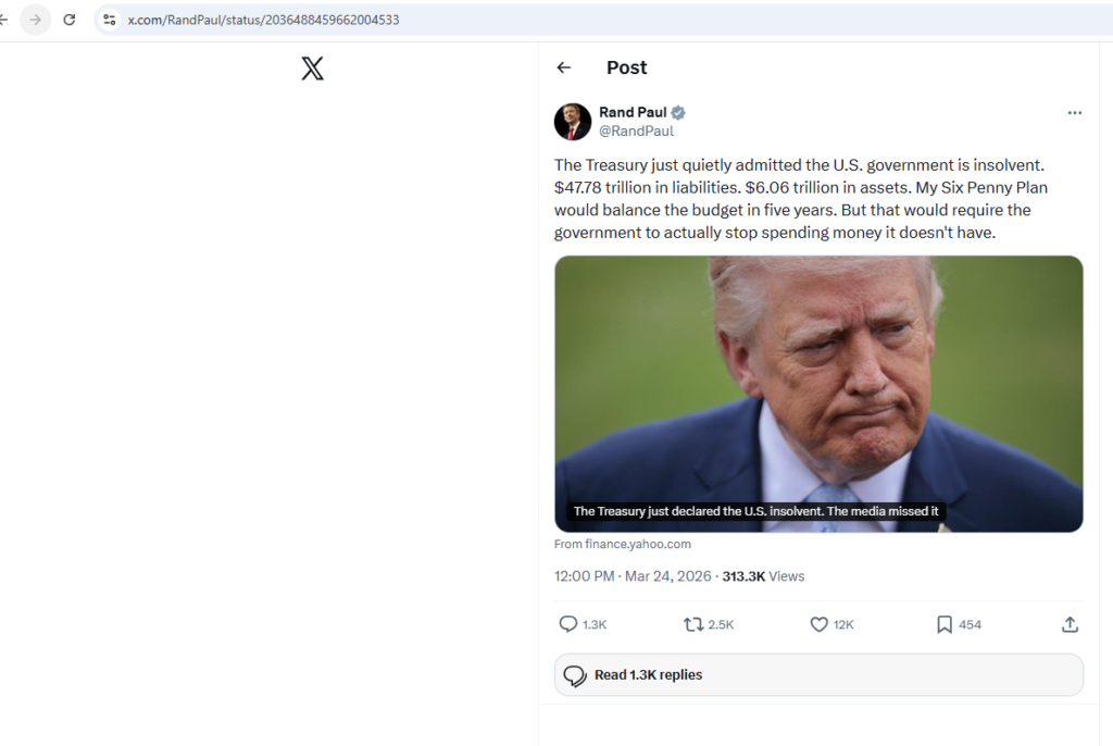 Senator Rand Paul X post: "The Treasury just quietly admitted the U.S. government is insolvent.