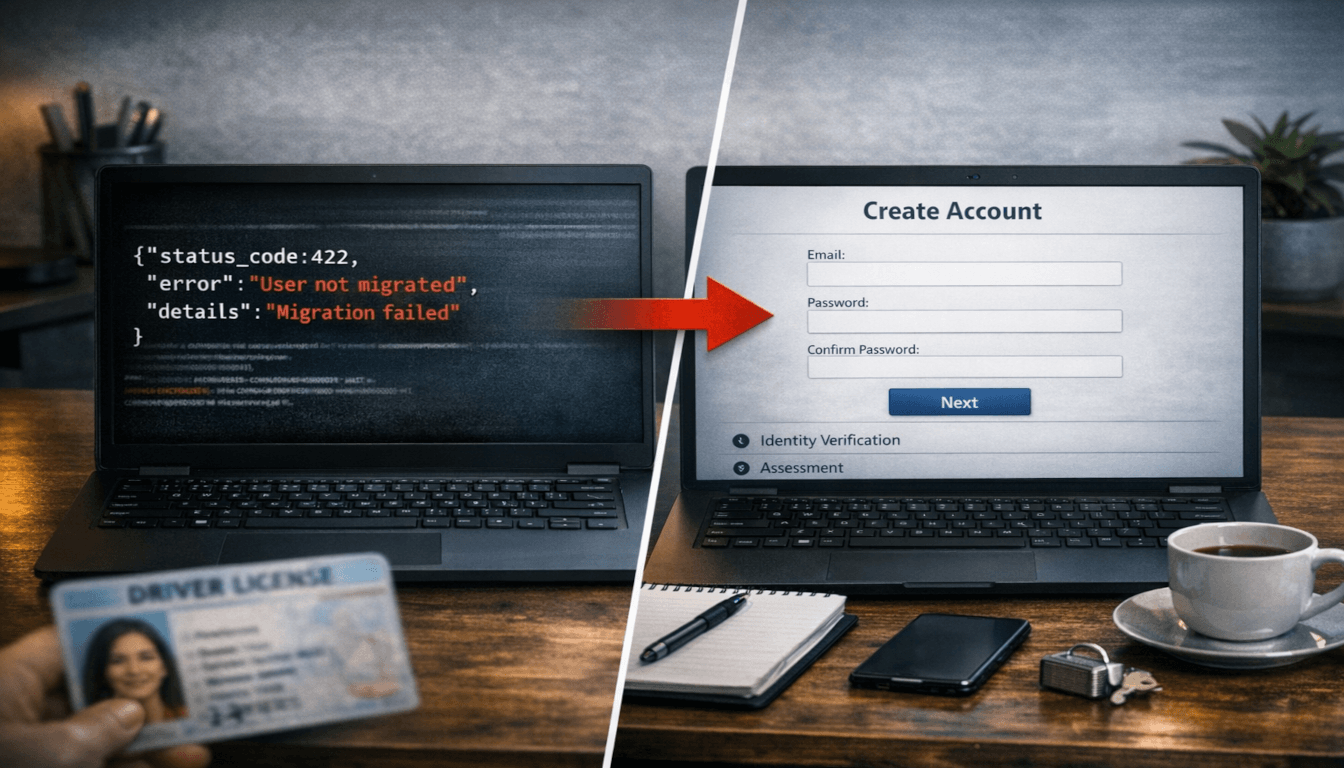 Two laptop screens side by side. Left shows a migration error message. Right shows a registration form. A driver's license lies blurred in the foreground.