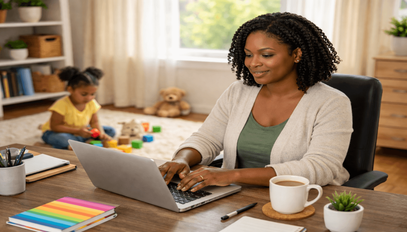 Mom working a remote bookkeeping job from home while her child plays nearby in a bright home office.