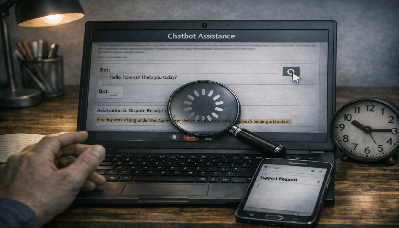 Depiction of a frozen chatbot on a laptop screen with a spinning loading icon. A phone beside it shows an empty email inbox with no replies. The image represents a failed job assessment where the chatbot froze and support never answered.