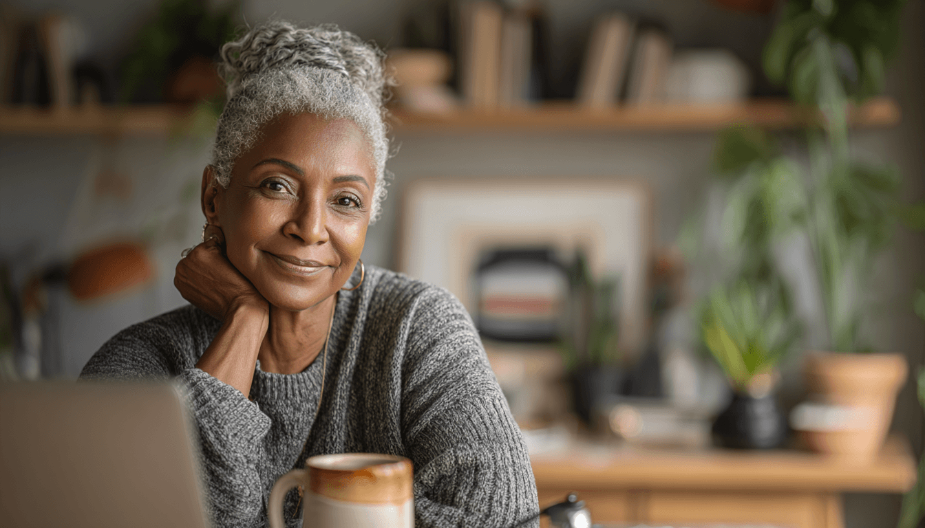Confident woman in her 50s with grey hair working from home office, laptop open, coffee mug, plants, natural light.