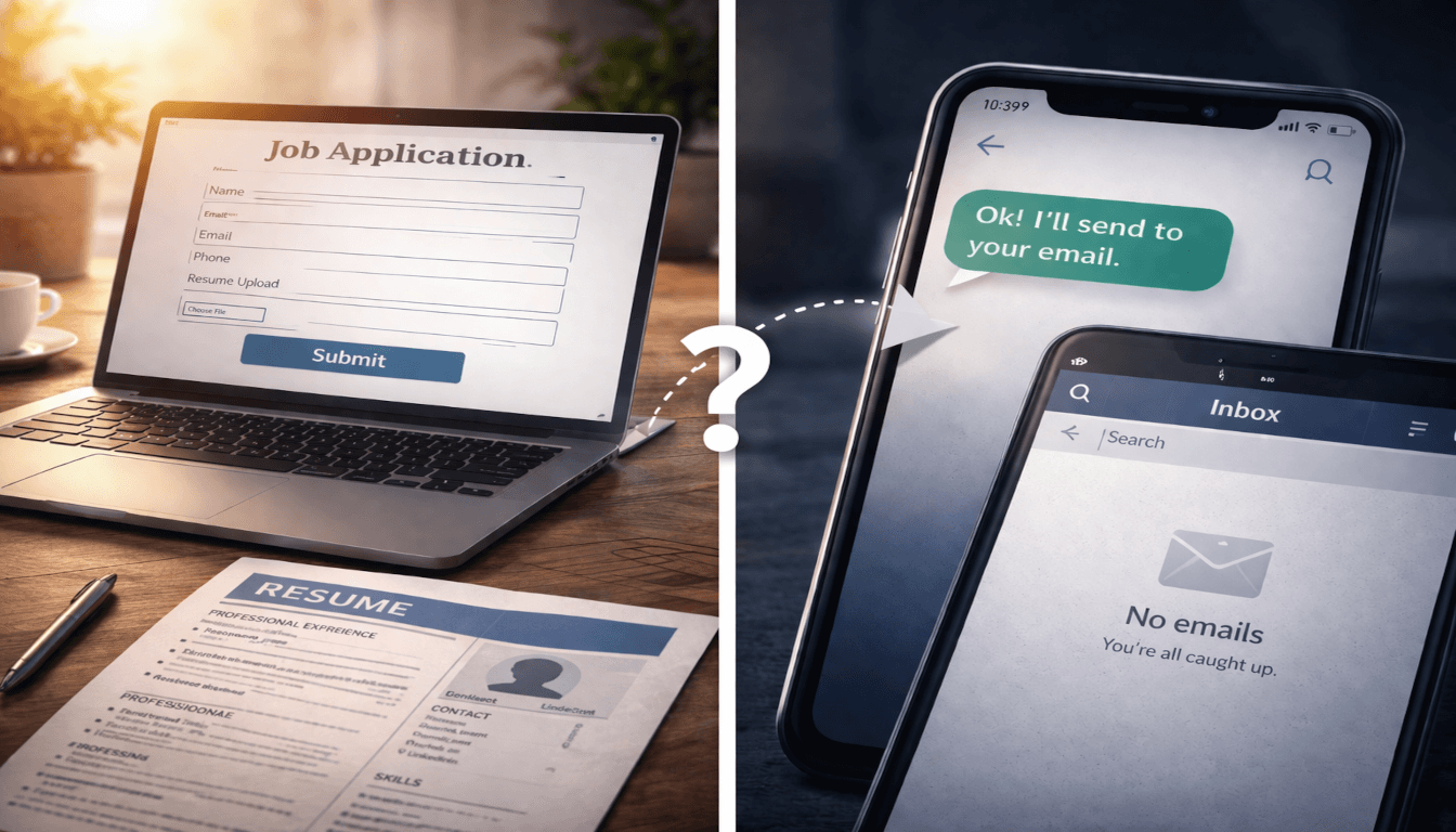 Split-screen image: job application on a laptop, text message on a phone reading "Ok! I'll send to your email," and an empty email inbox.