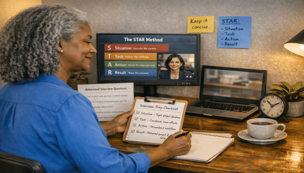 Woman practices behavioral interview responses using the STAR method at her home office desk.