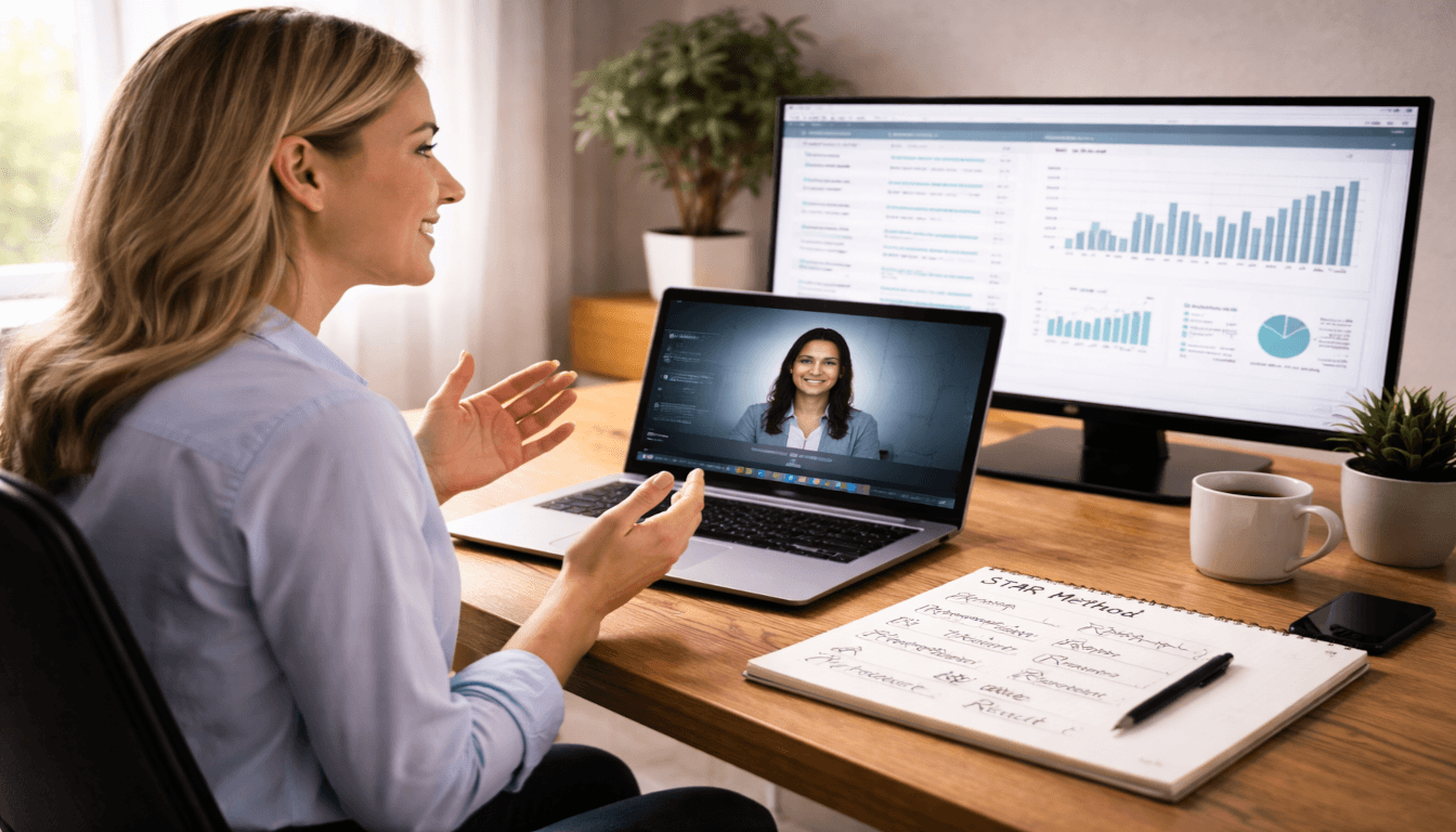 Woman using the STAR method during a remote job interview with notes and financial data on screens.