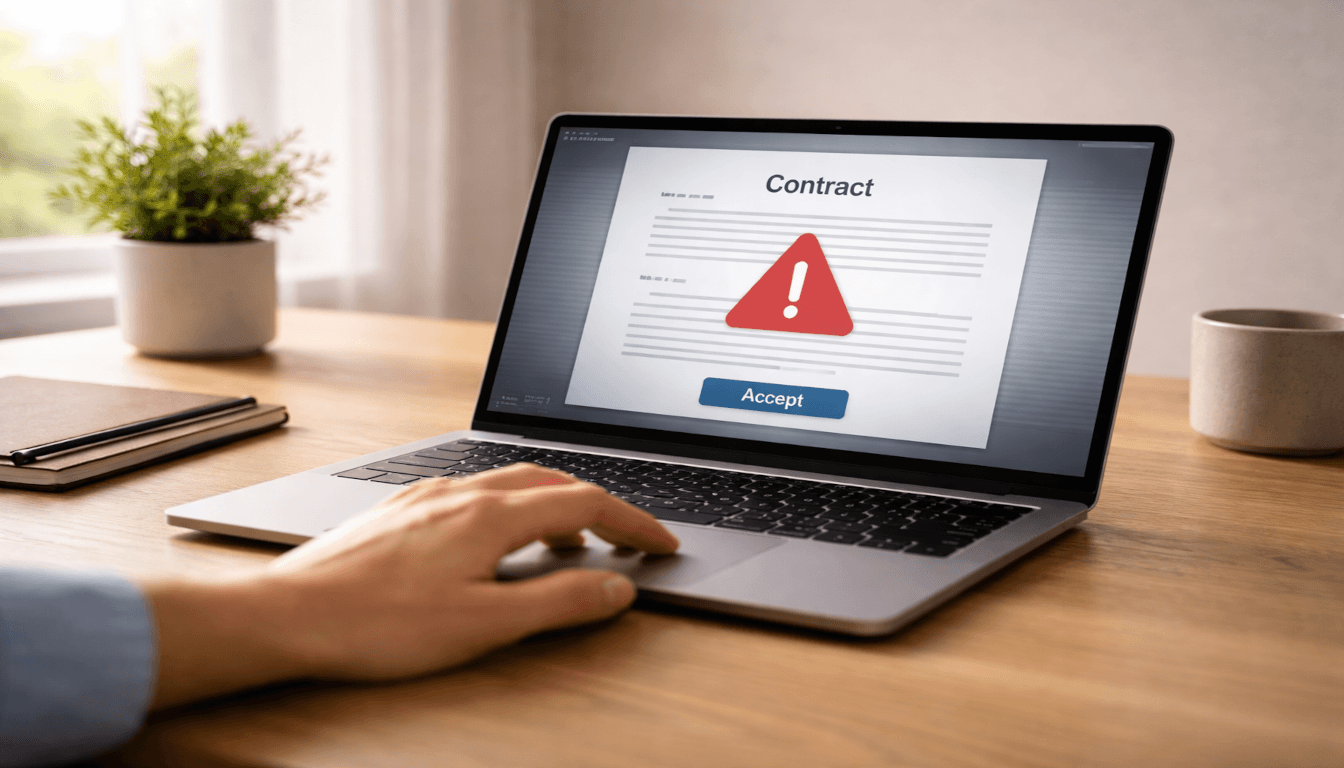 Laptop displaying a contract with a red warning flag, representing a review of the Telus International Contributor Services Agreement for remote job applicants.