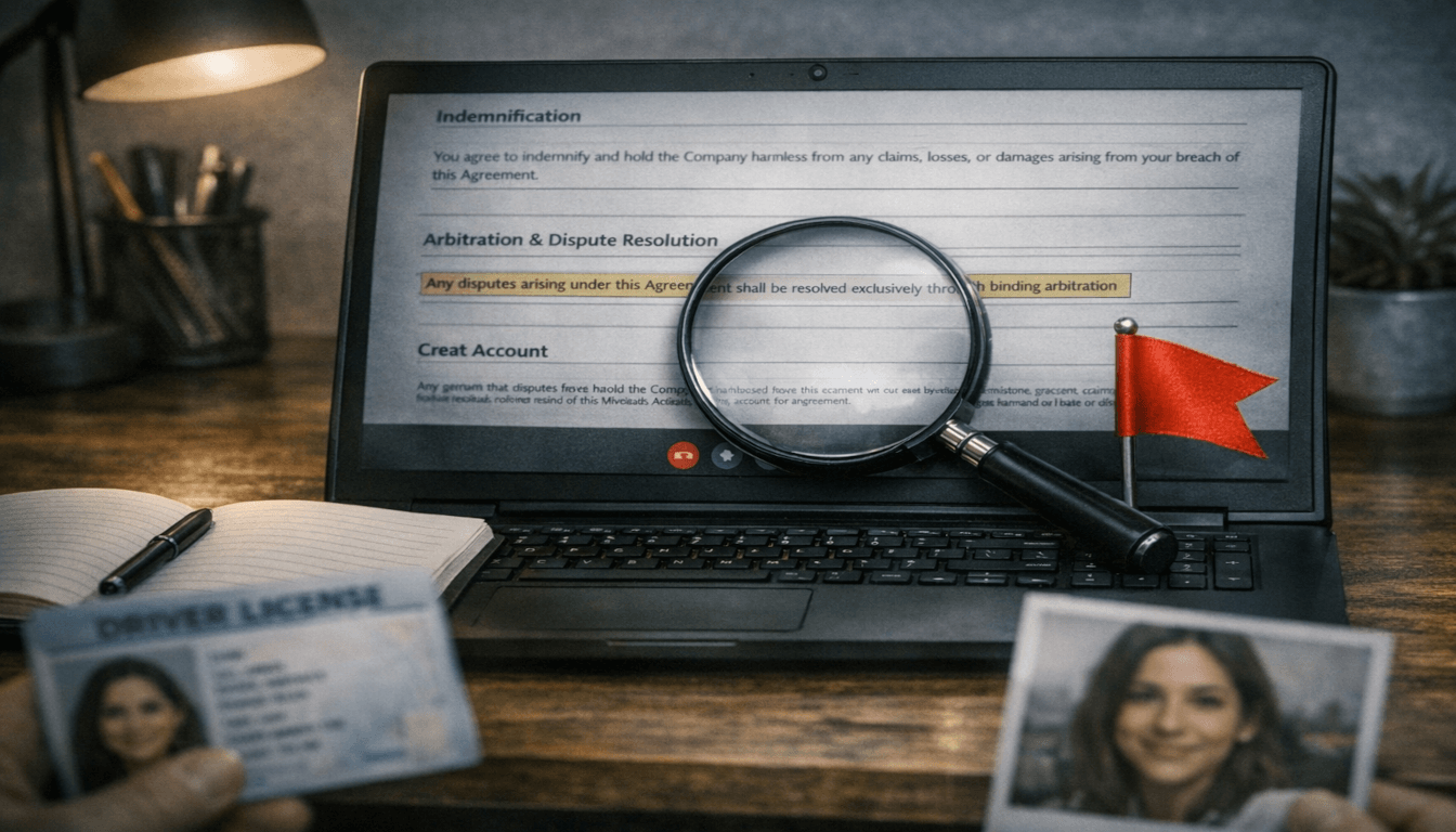 A laptop showing a legal contract with a magnifying glass and red flag, symbolizing careful review of Outlier AI Terms of Use.
