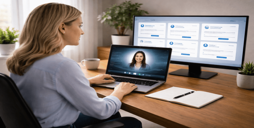 Job candidate participating in an AI-powered interview with a dashboard showing multiple companies using automated hiring tools.