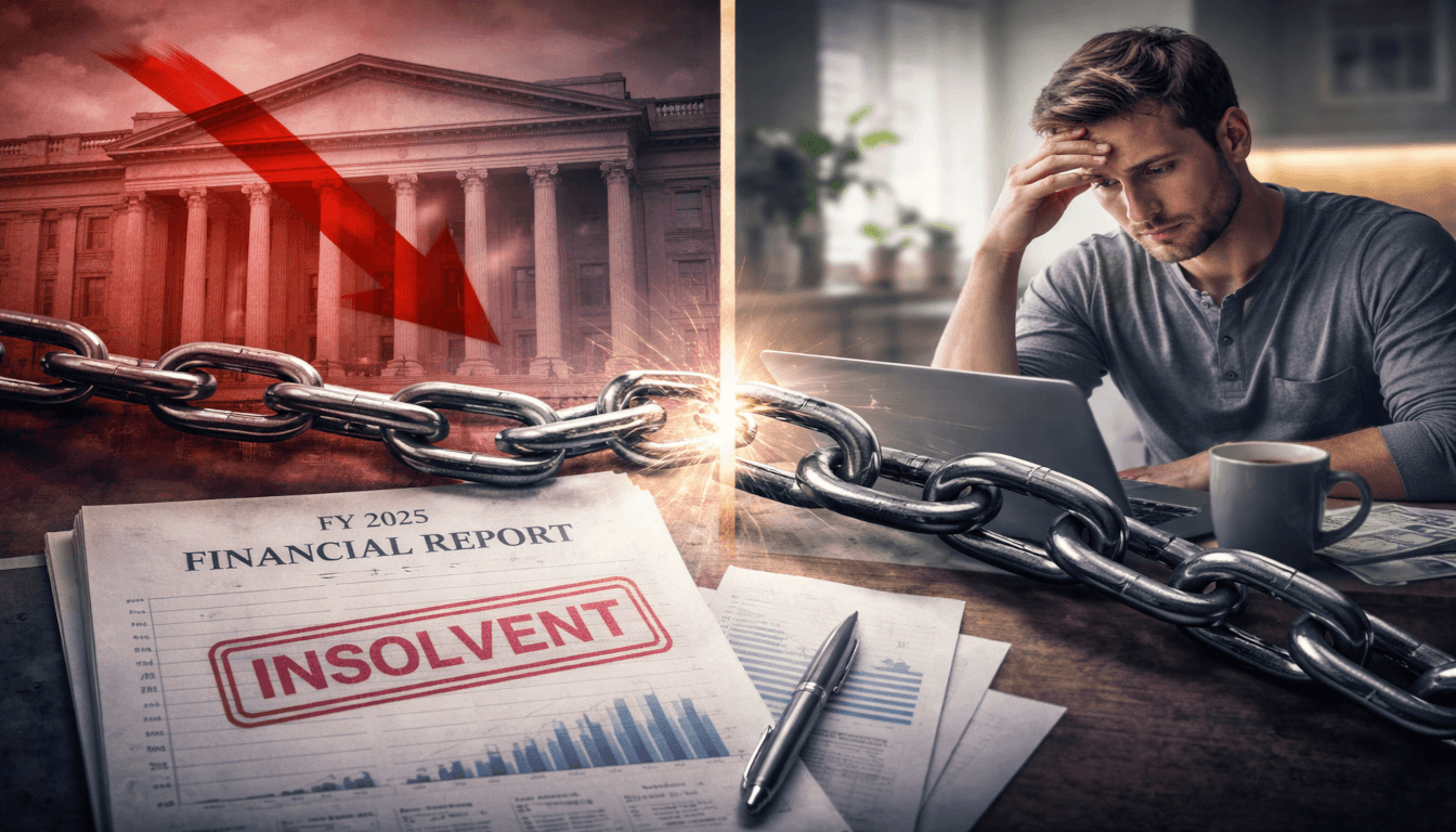 Split image of Treasury building with insolvent stamp and worried remote worker, showing connection between national debt and remote work.