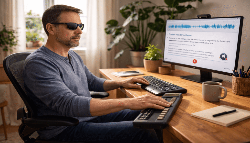 Man with visual impairment working at home desk using braille display and screen reader software, warm natural light, plants nearby.