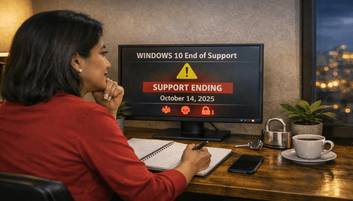 A remote worker reviews a computer screen warning about Windows 10 end of support, with a notepad and coffee mug nearby.