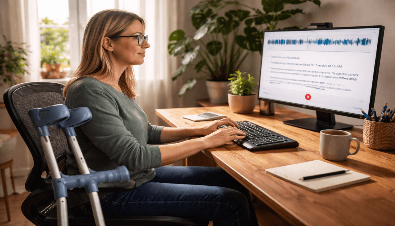 Woman sitting at home office desk with forearm crutches beside her, using ergonomic keyboard and voice-to-text software on monitor.