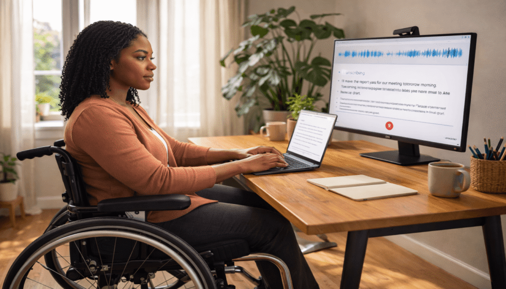 Woman in wheelchair at height-adjustable desk with laptop and monitor, speech -to-text software visible, warm natural light. 
