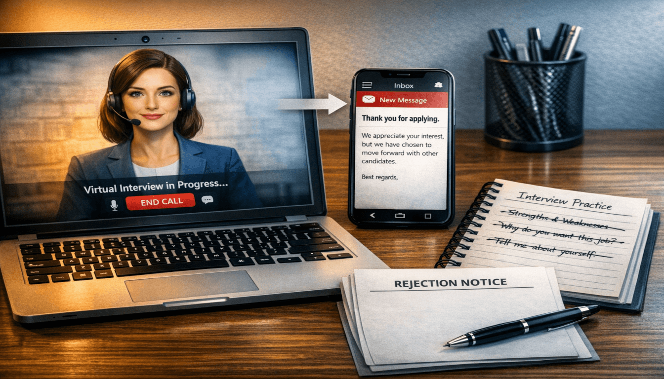 A laptop on a desk showing an AI interviewer on screen. A notebook with crossed-out practice notes sits next to it. A smartphone displays a polite rejection email. Represents preparing for an AI interview and receiving a kind rejection.