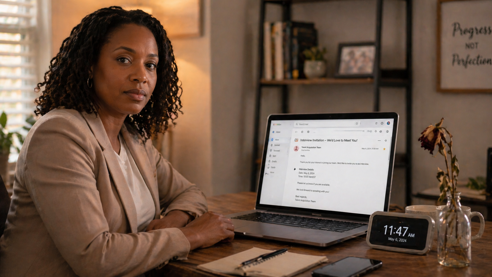 Black woman at laptop with empty email inbox and clock showing missed interview time, symbolizing job search ghosting.